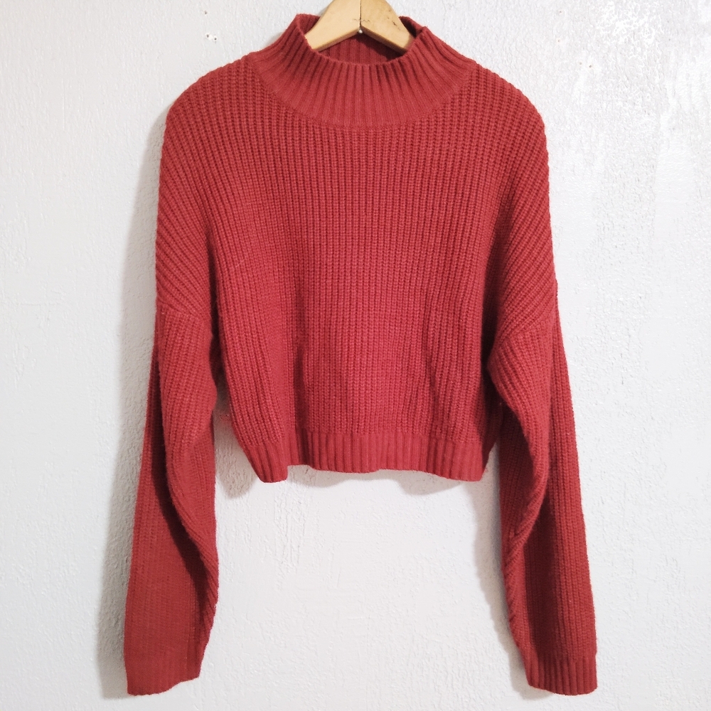 Zaful Sz 8 Cozy Dark Red Chunky Cropped Sweater High Neck Drop Shoulder Ribbed